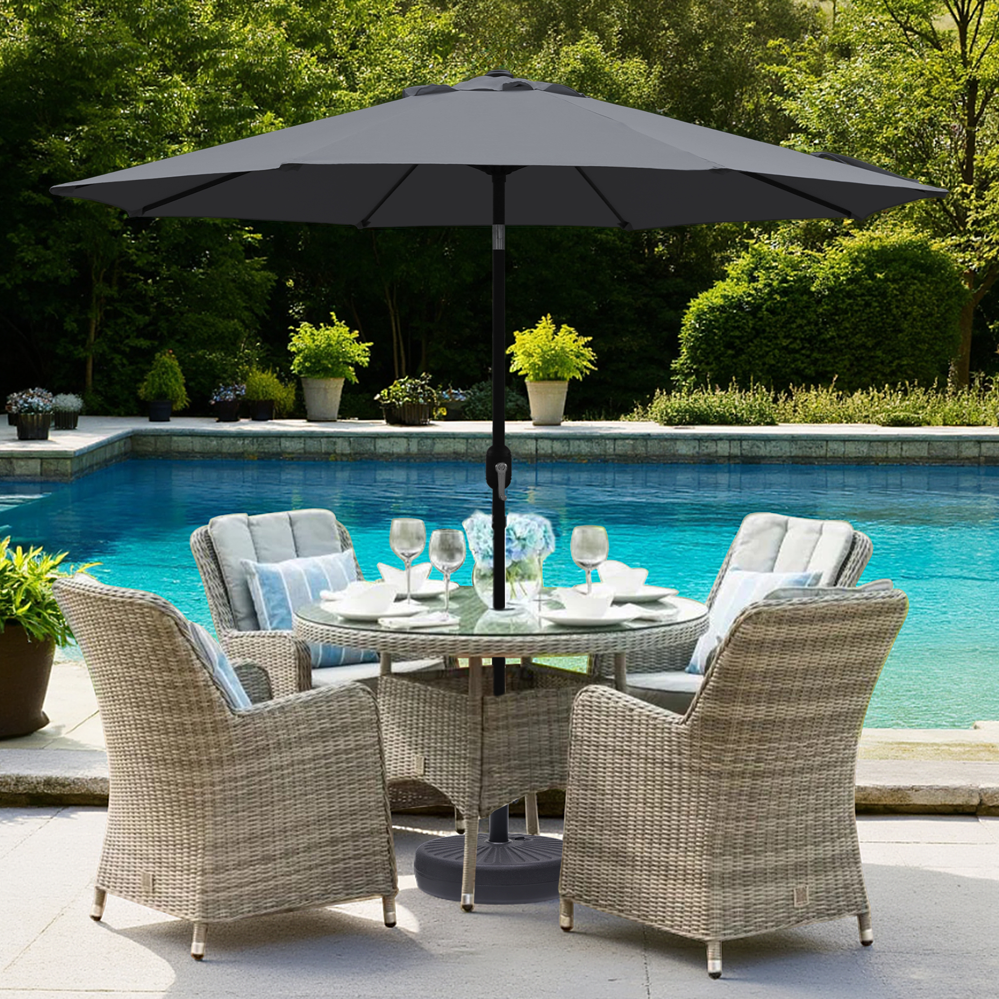 Abble Outdoor 9ft Patio Umbrella with Crank Handle and Push Button Tilt, Outdoor Market Umbrella with 8 Ribs for Garden, Deck, Backyard, Pool, Dark Gray