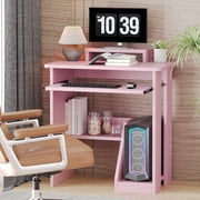Zenira 29in Computer Desk with Monitor Stand and Keyboard Tray for Small Space, Wood PC Laptop for Bedroom, Writing Table with Shelves for, Pink