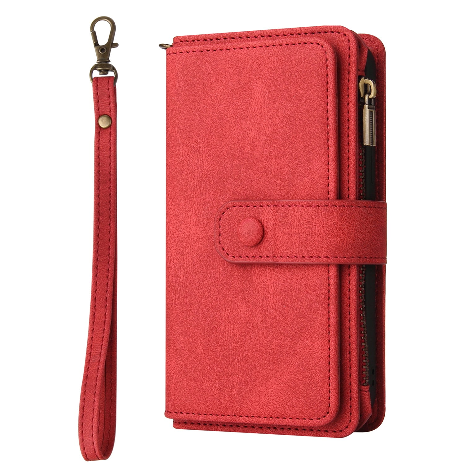 Phone Case for Samsung Galaxy S23, Galaxy S23 Wallet Case, Luxury Folio Flip Leather Cover[Zipper Pocket] [Wrist Strap][Kickstand] for Samsung Galaxy S23 6.1 inch, Red