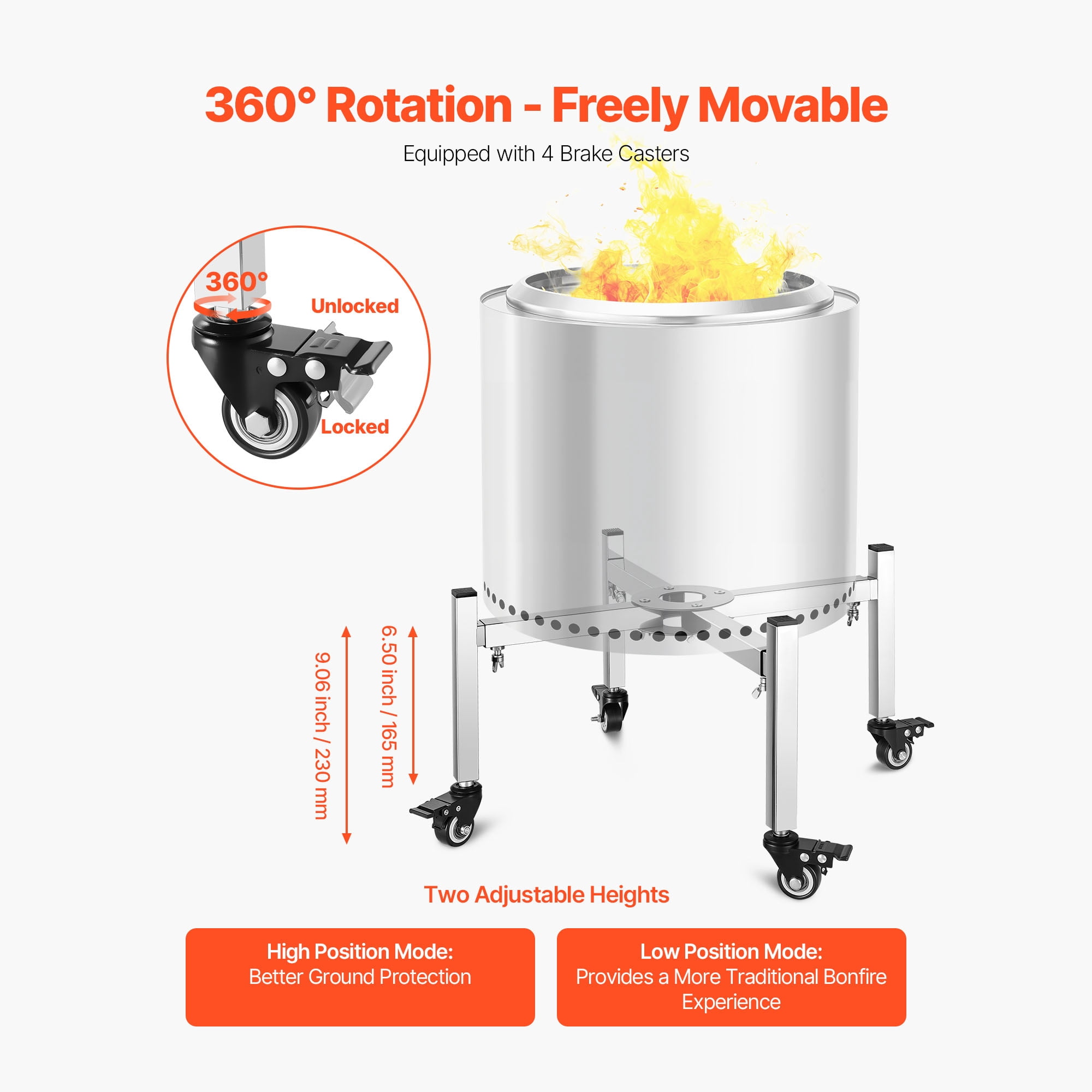 KFFKFF Adjustable Fire Pit Stand with Casters, 15-27 Inch Stretchable Design for Outdoor Firepits, Stainless Steel Accessory for Camping and Fireplace Use