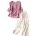 thumbnail image 4 of Womens 2 Piece Linen Suits 3/4 Sleeve Embroidered Top Wide Leg Pants Casual Summer Vacation Lounge Boho Matching Outfits, 4 of 6