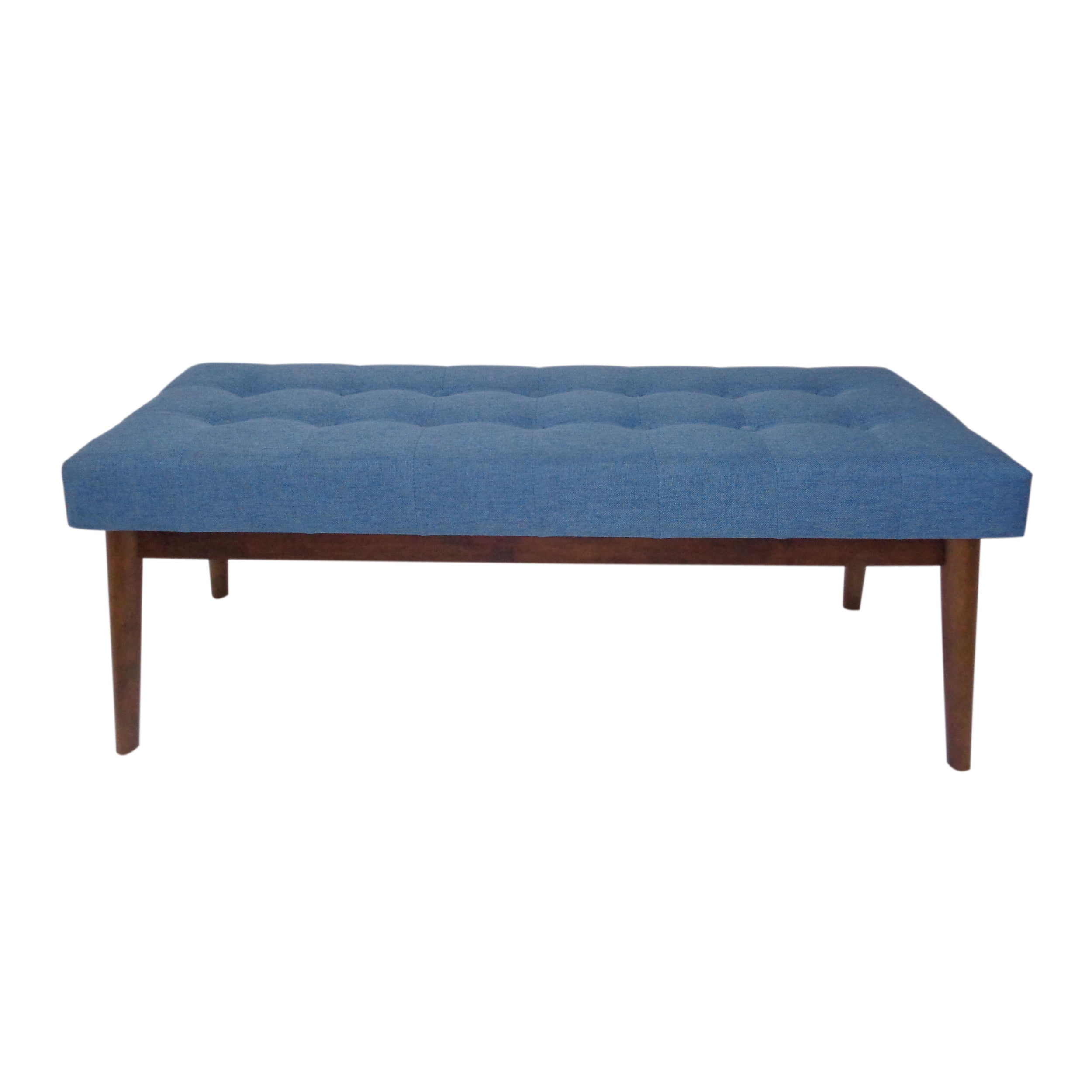 Noble House Marvin Mid Century Tufted Fabric Ottoman, Blue, Walnut