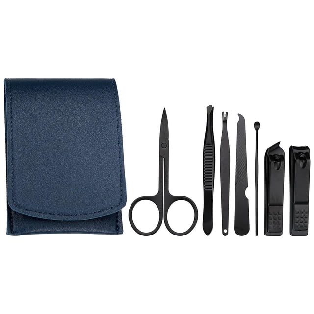Juego de manicura de 7 piezas, cortaúñas de acero inoxidable con estuche de PU. Azul oscuro