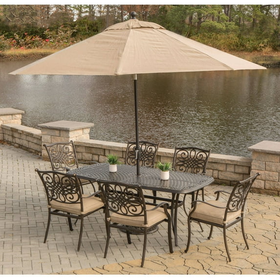 Hanover Outdoor Traditions 7-Piece Cast Dining Set with 6 Stationary Chairs and Umbrella with Stand