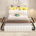thumbnail image 2 of Aunfebrco Queen Size Bed with Bookcase Headboard and 4 Oversized Drawers, Upholstered Bed Frame with Storage,Queen Platform Bed Frame with LED Lights and Charging Station, Strong Metal Slats,White, 2 of 9