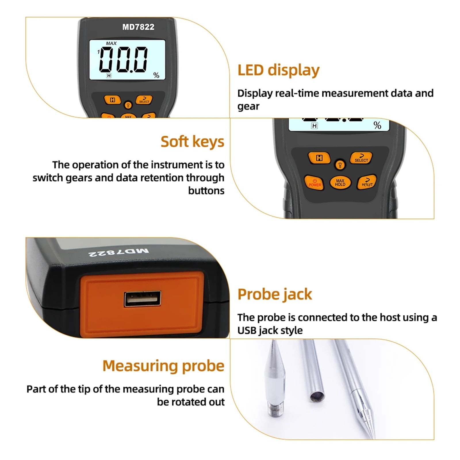 MD7822 Digital Grain Moisture Meter Highly Sensitive Probe Humidity Tester Usb Charging Hygrometer Temperature Detector Wheat Corn Rice