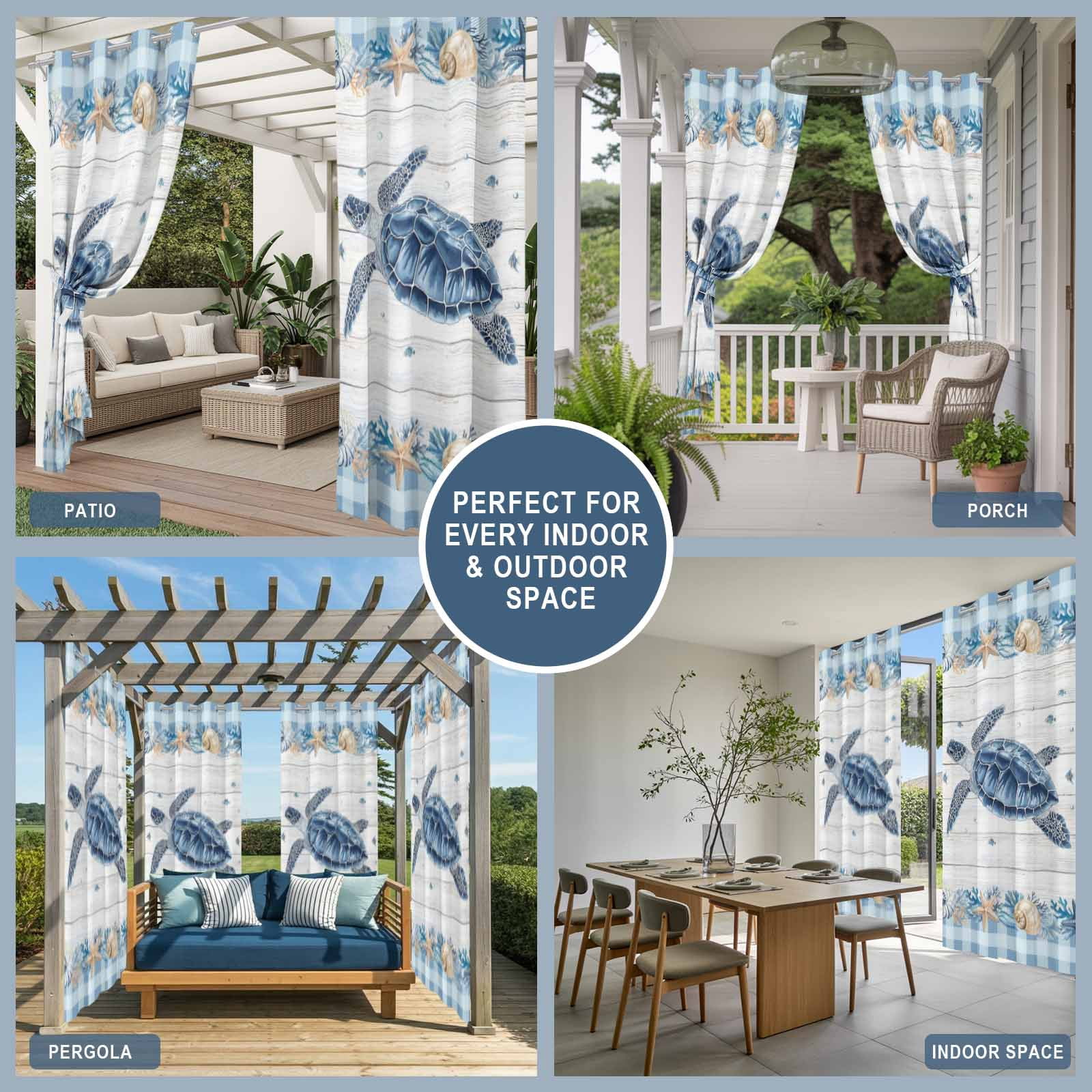 Blue Turtle Coastal Outdoor Curtains for Patio, Summer Starfish Beach Shell Coral Wood Grain Sunshade Privacy Drapes Grommet Waterproof Outside Curtains for Porch/Cabana/Balcony 54"x 108", 1 Panel