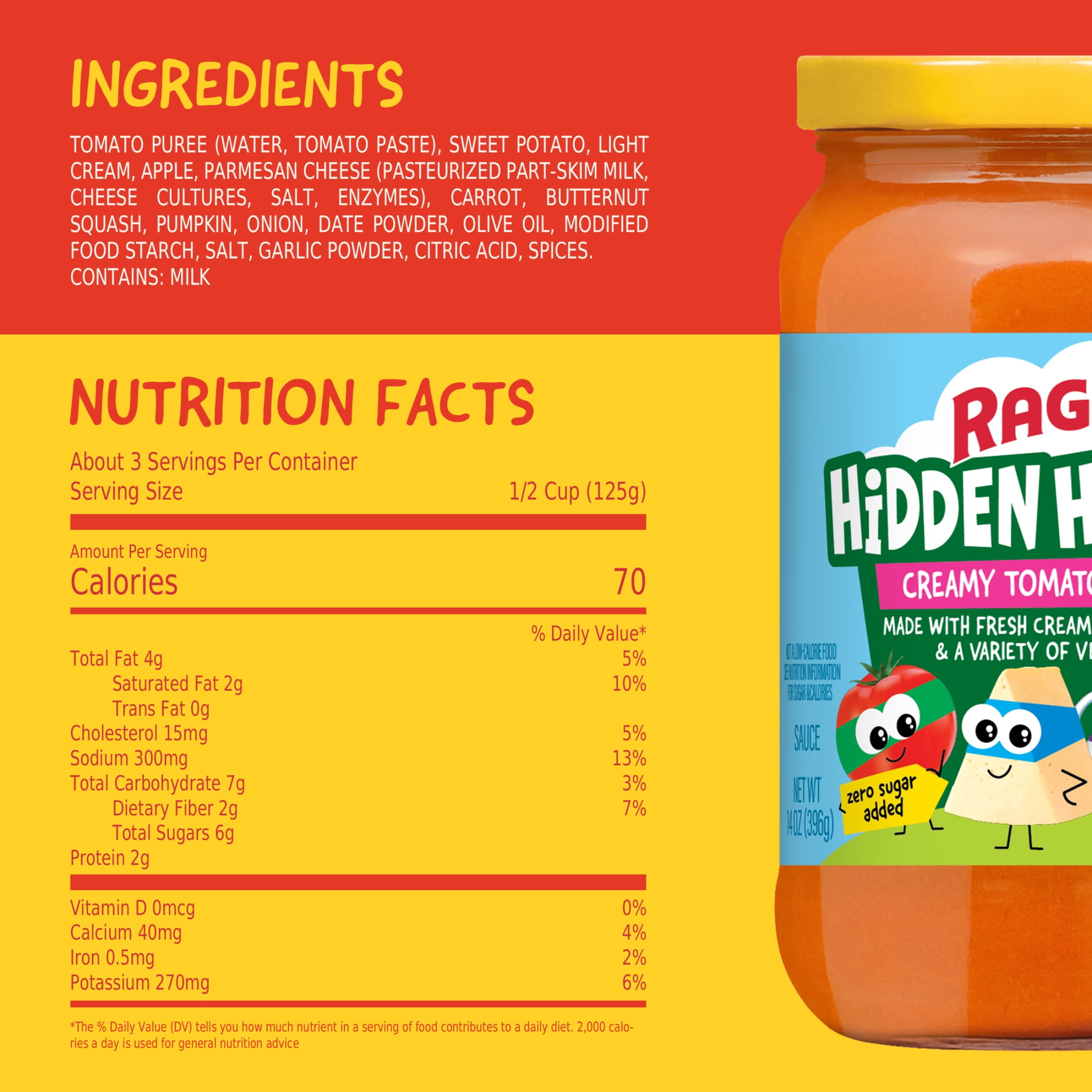 (4 pack) Ragu Hidden Heroes Pasta Sauce for Kids, Creamy Tomato Squad, 14 oz
