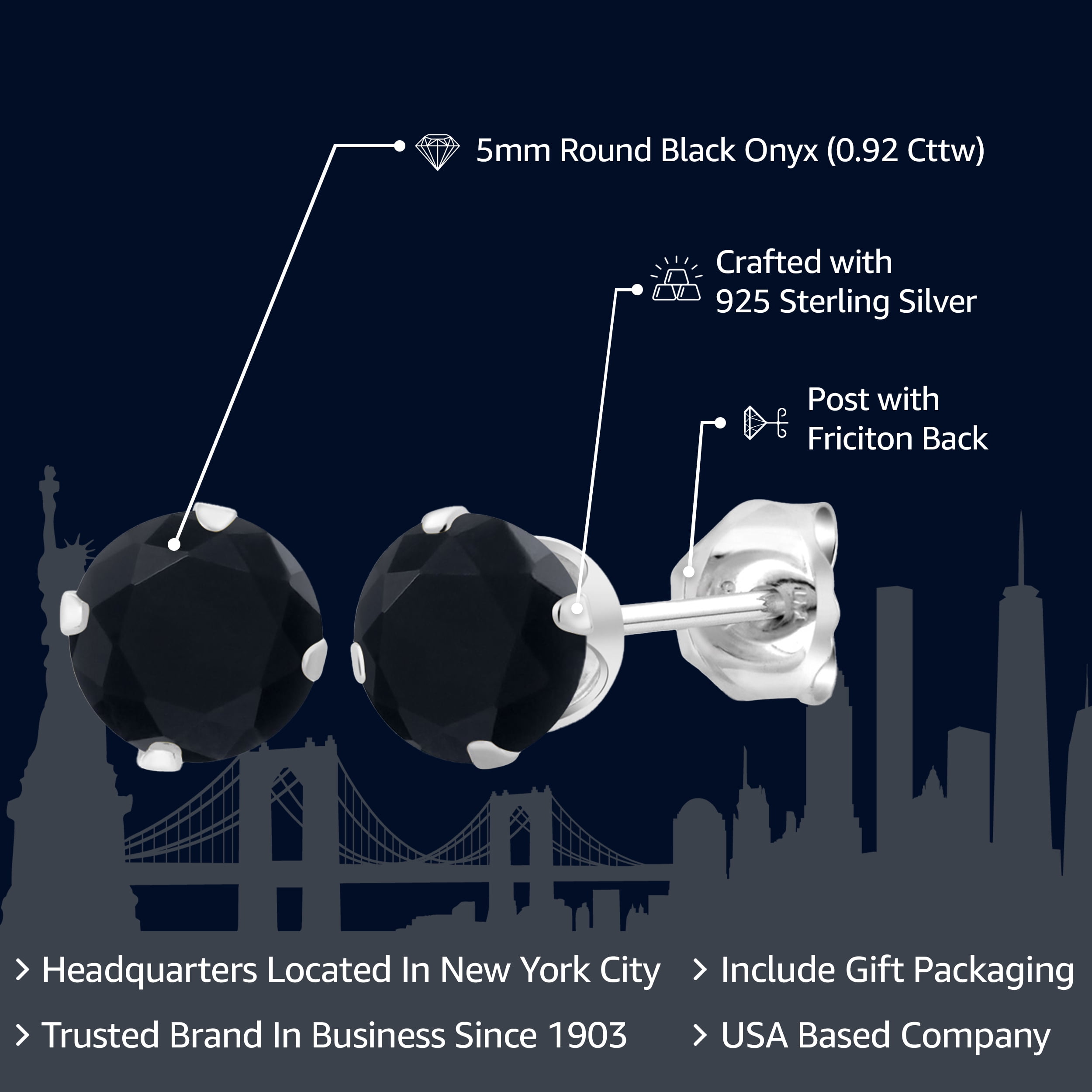 Gem Stone King 0.92 Ct Round 5mm Black Onyx 925 Sterling Silver Stud Earrings for Women Men
