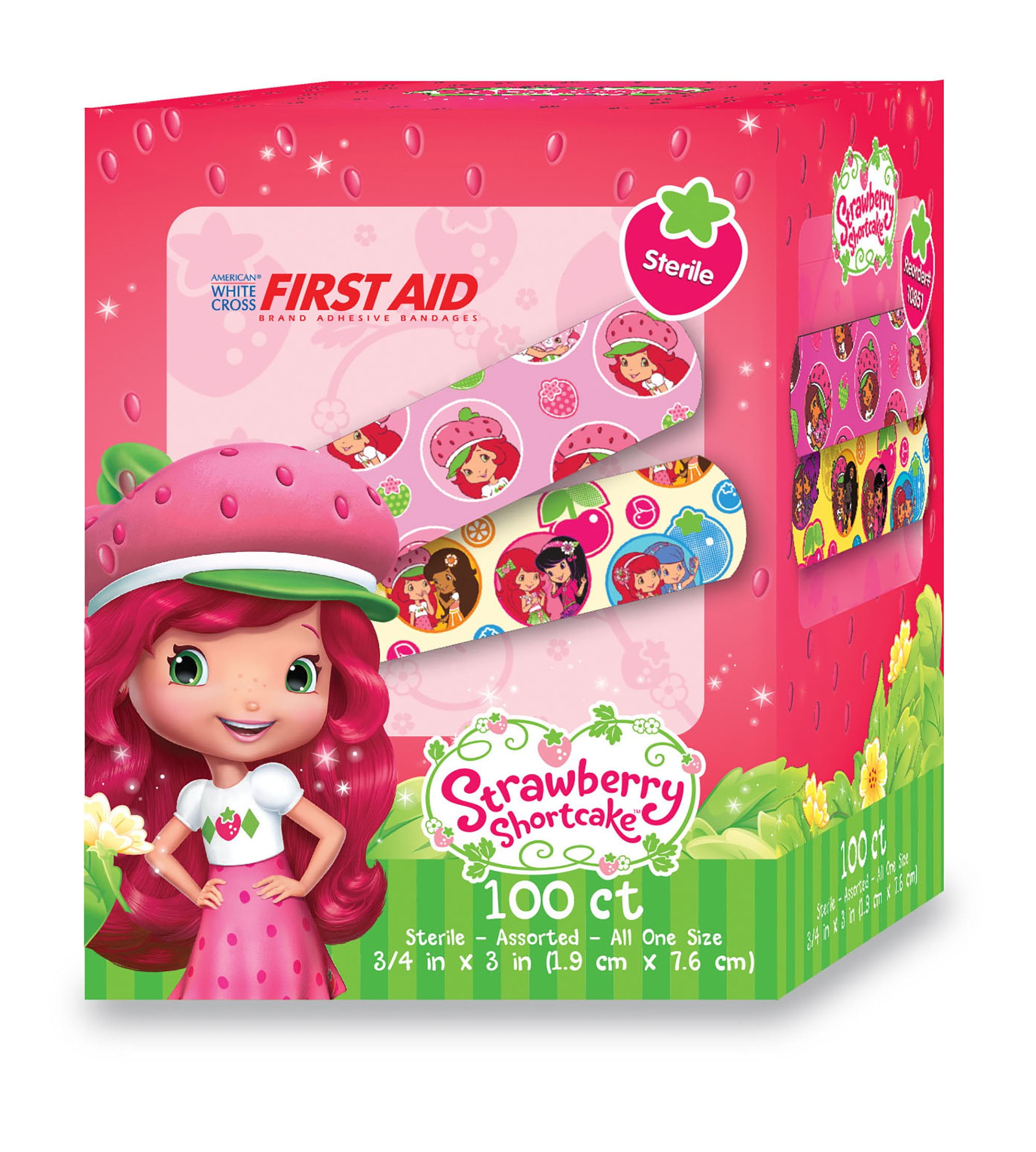 American White Cross Stat Strip Adhesive Strip, Strawberry Shortcake Bandages, 100 Count, 12 Packs, 1200 Total