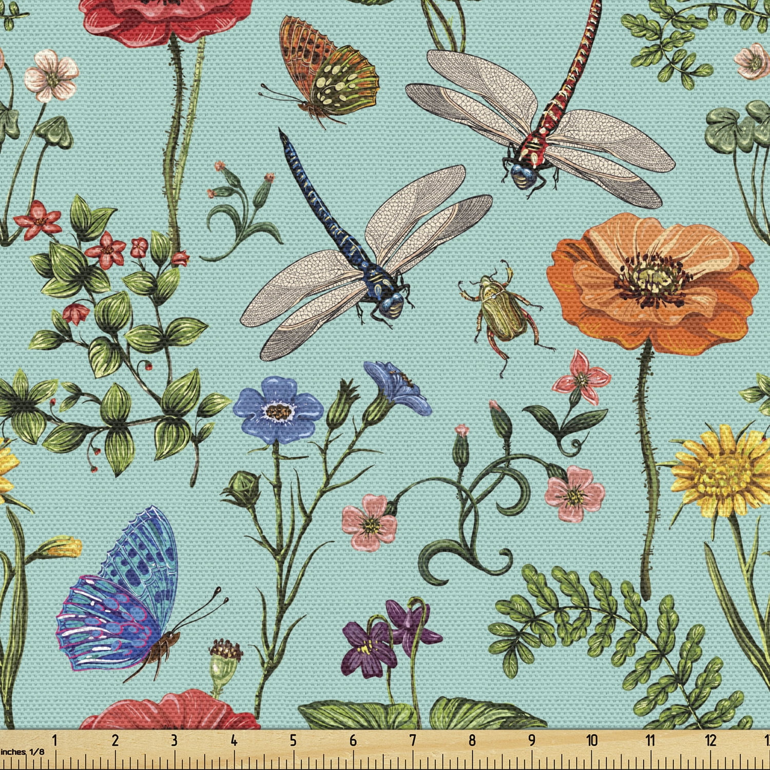 Ambesonne Vintage Fabric by The Yard, Birds and Dragonflies with