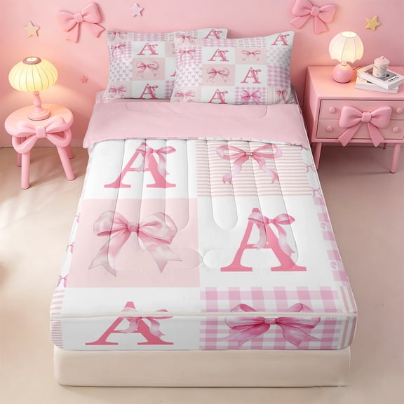 meiyoeat Ribbon Bow Letter Print Zipper Twin Comforter Sets with Fitted Sheet and 2 Pillowcases For Girls,Pink Plaid Bowknot Alphabet A Zipper Bedding Set For Kids,Pink Reversible,4 Pieces