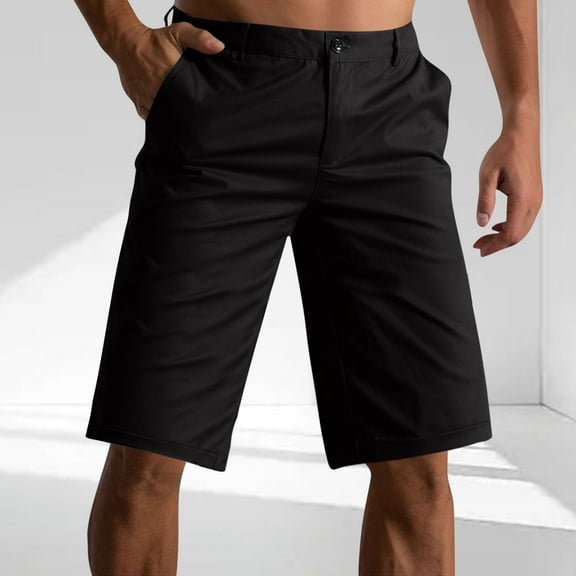 Qgtaibl Mens's Golf Shorts M Solid Color Knee Length Straight Leg Shorts Summer Workwear Office Short Pants with Pockets Black