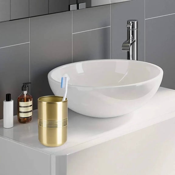 Stainless Steel Bathroom Tumbler Cup | Decorative Rinse Cup,Drinking Glass,Toothbrush & Makeup Brush Holder for Vanity Countertops,Sink & Desk | Gold Finsih