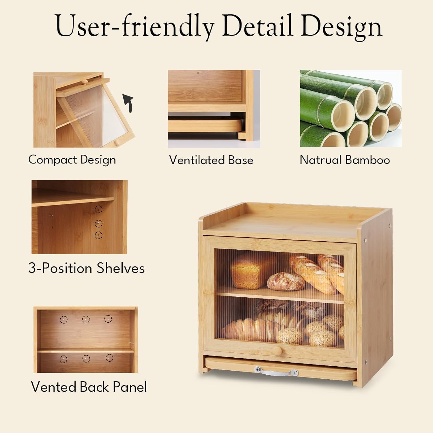Bread Box with Cutting Board, Double Layer Kitchen Counter Organizer for Fruits Spices Coffee, Natural Vintage Storage Bin