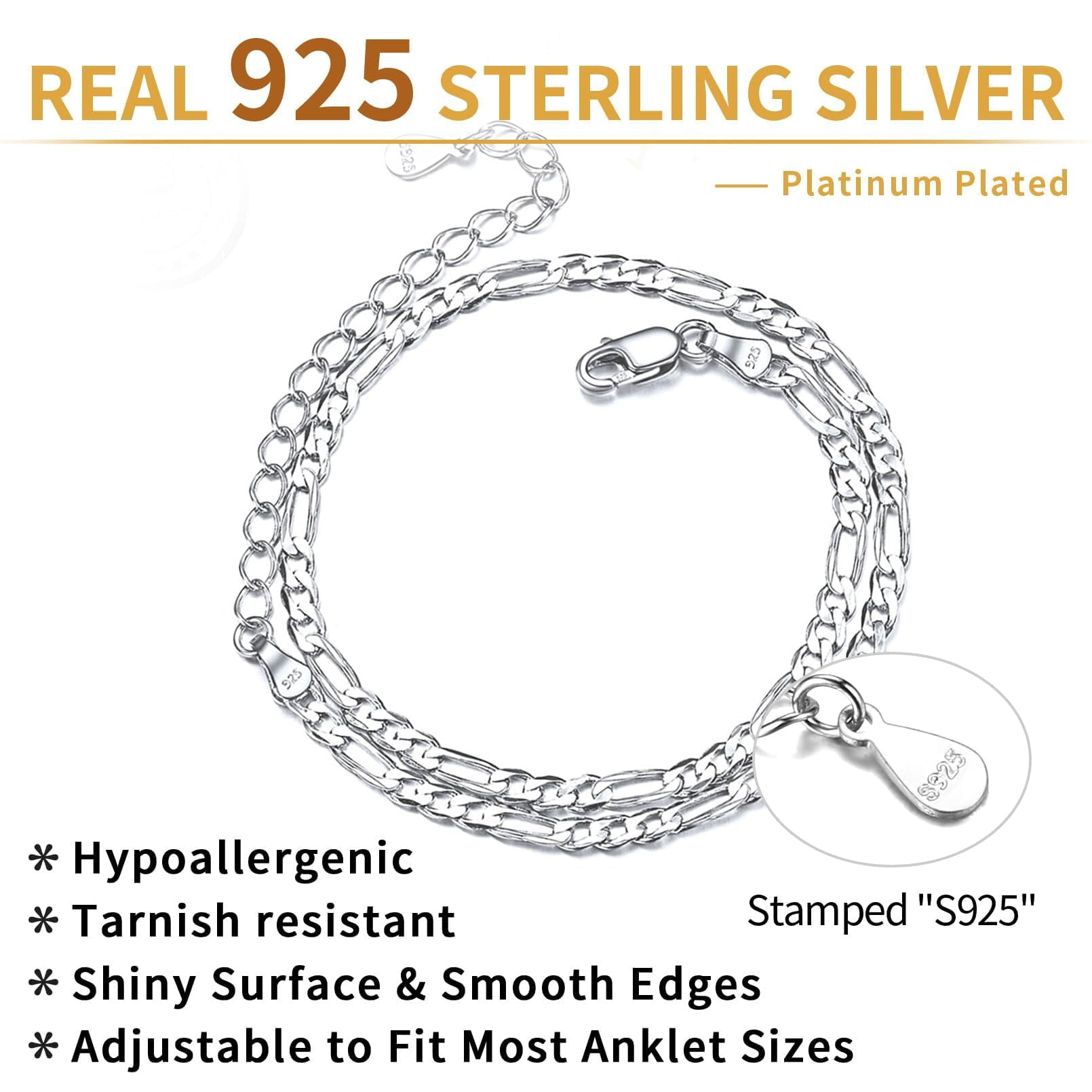 ChicSilver 925 Sterling Silver Unisex Figaro Anklet Gift For Both Men Women Bracelet Anklet Dual-use Neutral Style