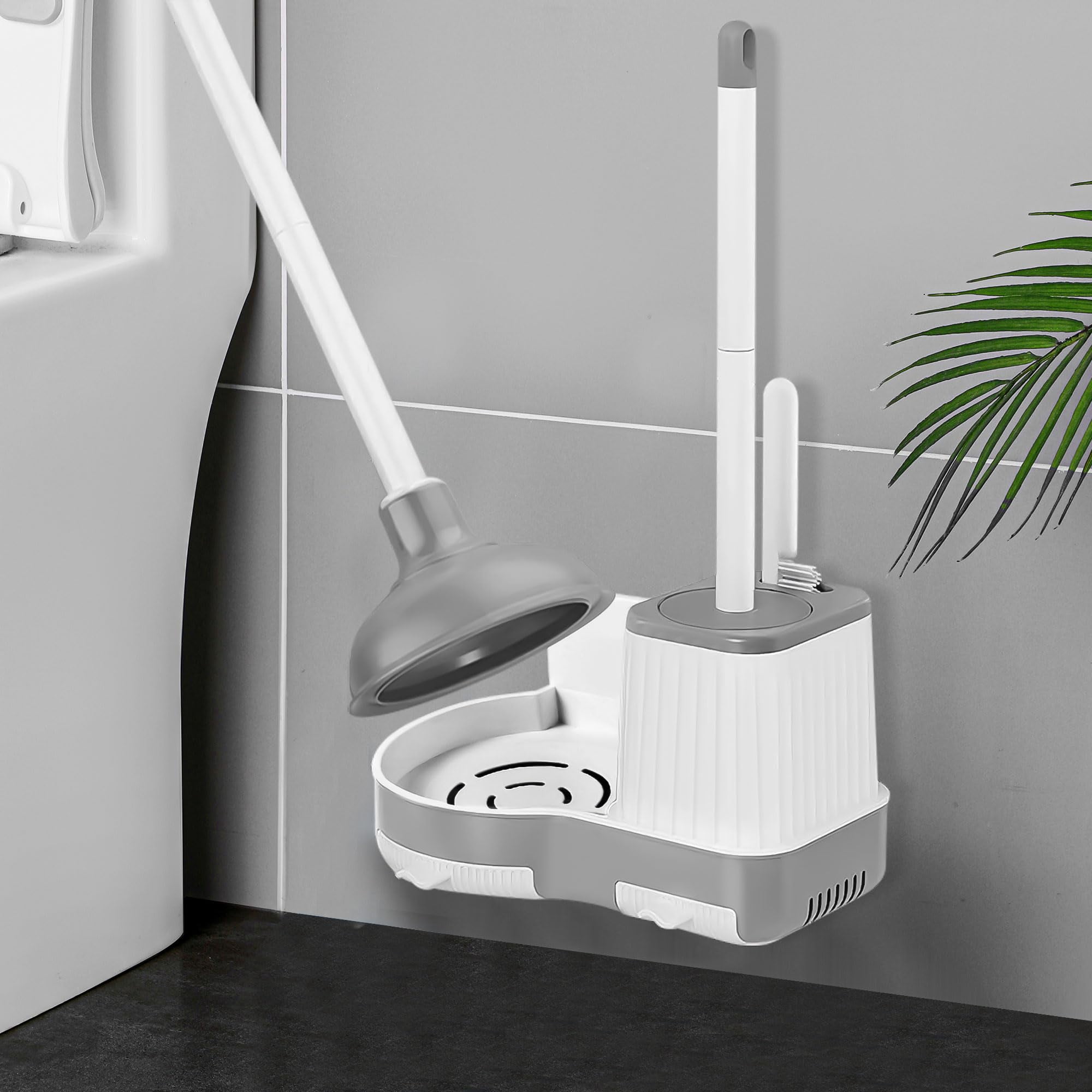 Toilet Brush and Plunger Set 2 Pack 3-in-1 Bowl Holder with Crevice Cleaning Wall Mounted Bathroom Tools