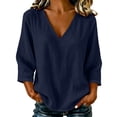 thumbnail image 3 of yoeyez Womens 3/4 Sleeve Length Tops Cotton Gauze V Neck Tshirts Casual Loose Fit Classic Tunic Tee Fall Fashion 2026 Going Out Top Navy,XL, 3 of 6