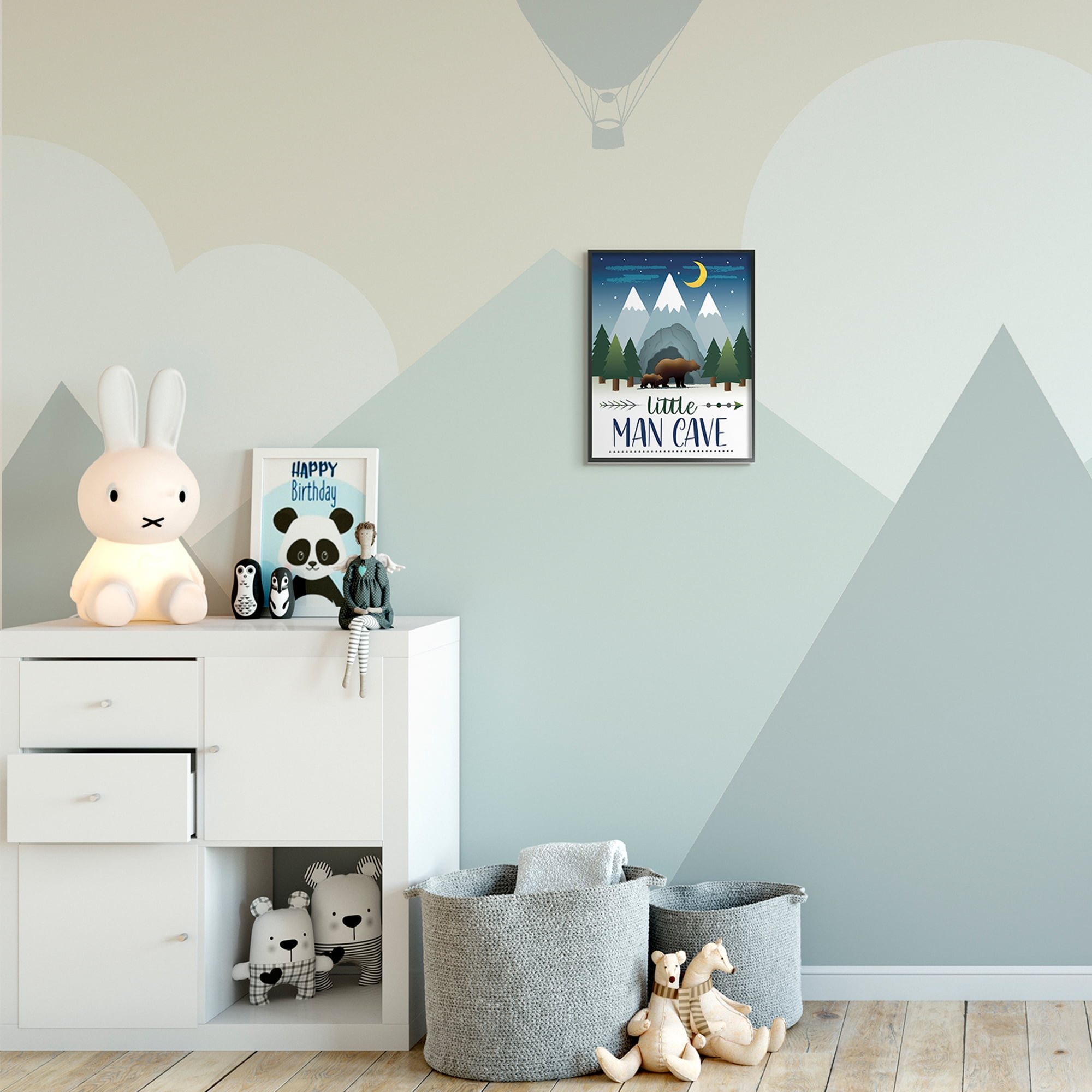 Stupell Industries Little Man Cave Sign Bears Walking by Mountains Animals & Insects Painting Black Framed Art Print Wall Art, 11 x 14