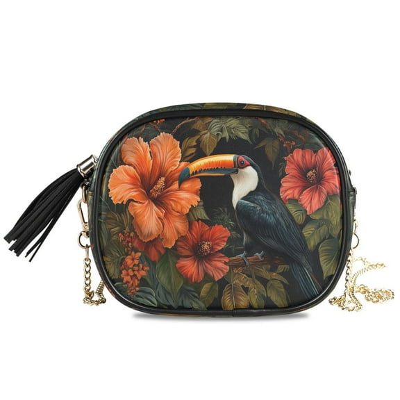 Womens Casual Chain Shoulder Bag Simple style Toucan with Vibrant Flowers Crossbody Bag