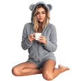 thumbnail image 2 of Women Winter Fuzzy Hooded Jumpsuit Cute Bear Ear Zip Up One Piece Outfit Warm Casual for Commute Loungewear, 2 of 7