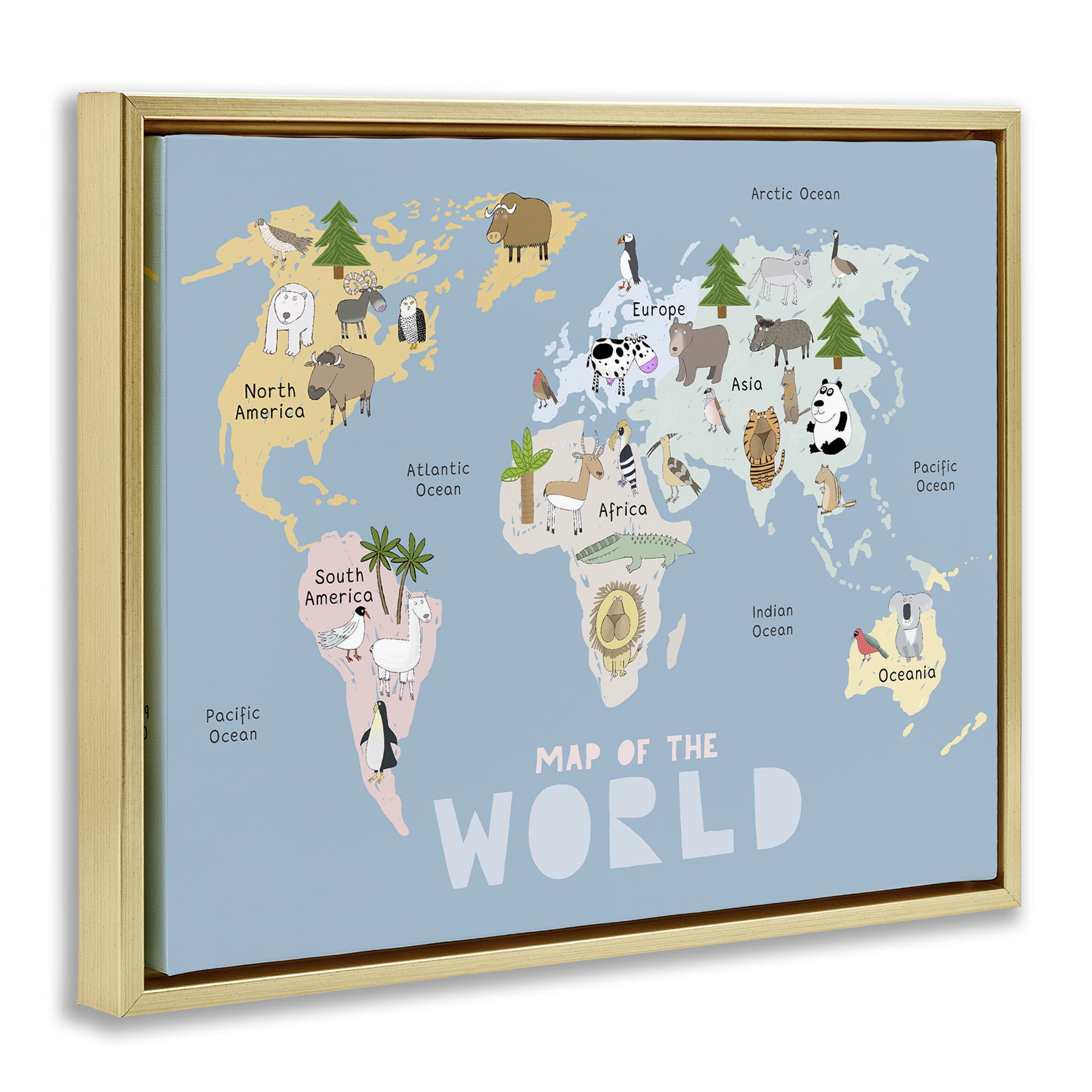 Kid's Map Of World Blue Gold Framed Floater Canvas Wall Art, design by Carla Daly
