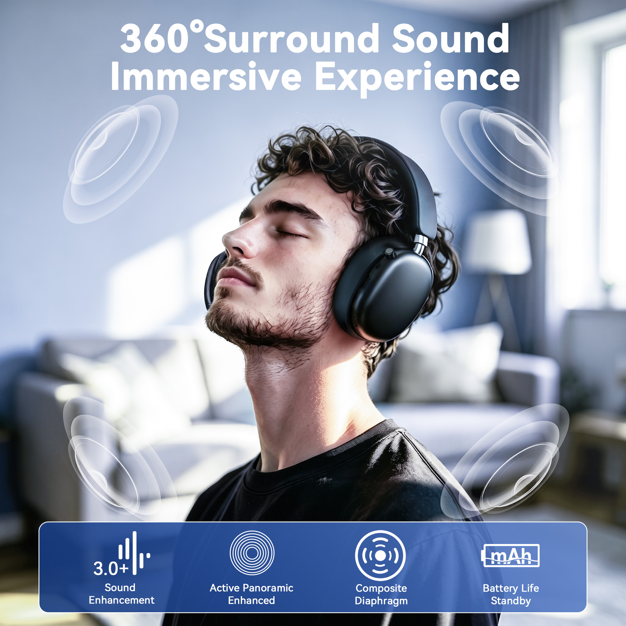 Synvo Bluetooth Over-Ear Headphones, 65Hr Playtime, Black photo 7
