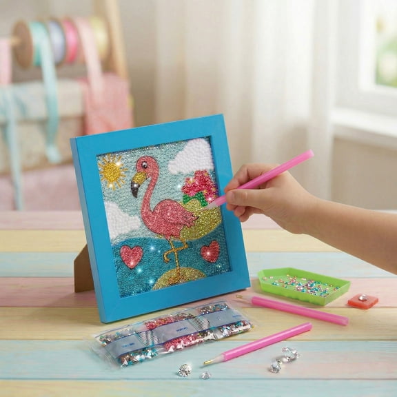 Diamond Art Kit Set 7 1/8" x 7 1/8" with Frame (Flamingo with Blue Frame)
