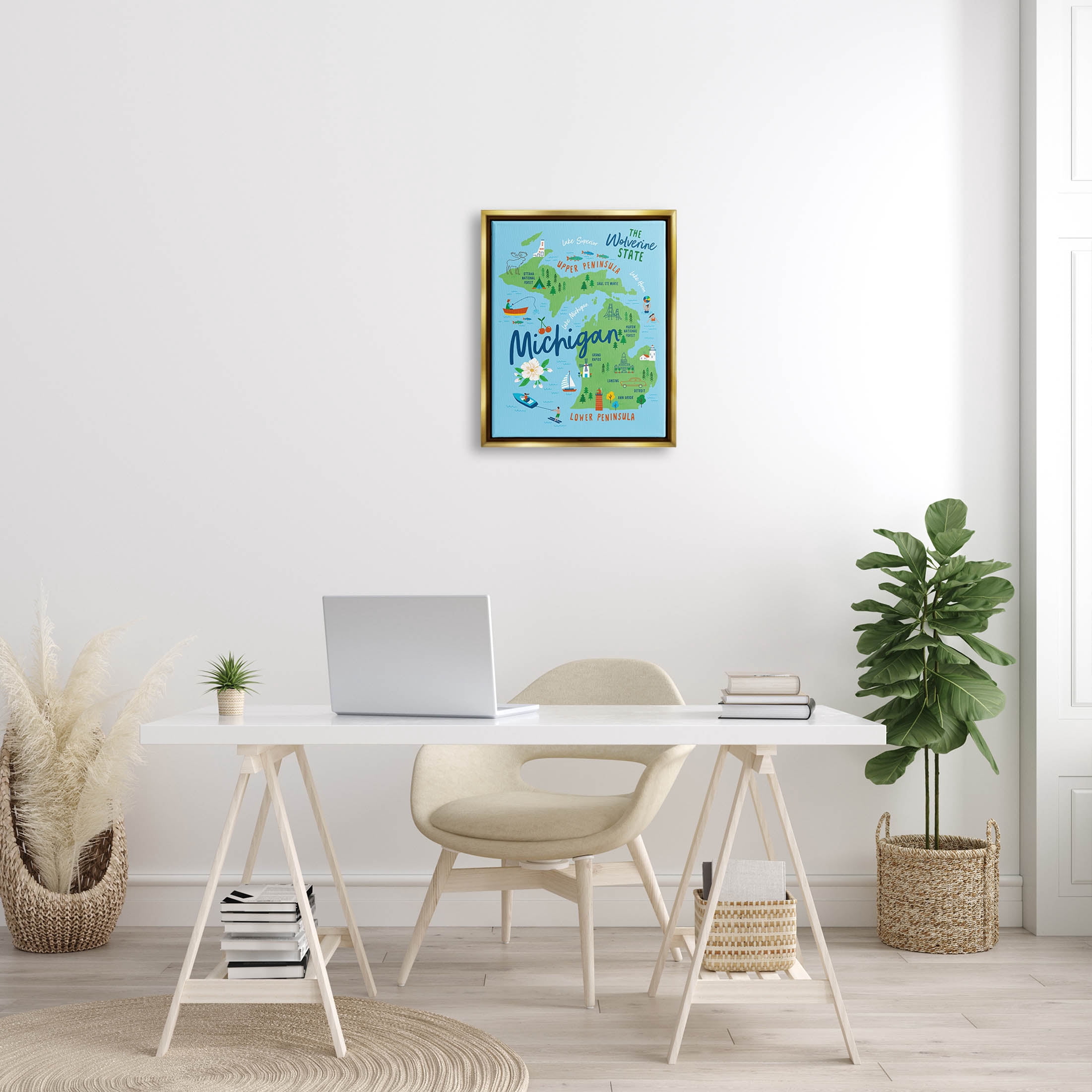 Stupell Industries Everyday Michigan Illustrated Map Graphic Art Metallic Gold Floating Framed Canvas Print Wall Art, Design by Nina Seven