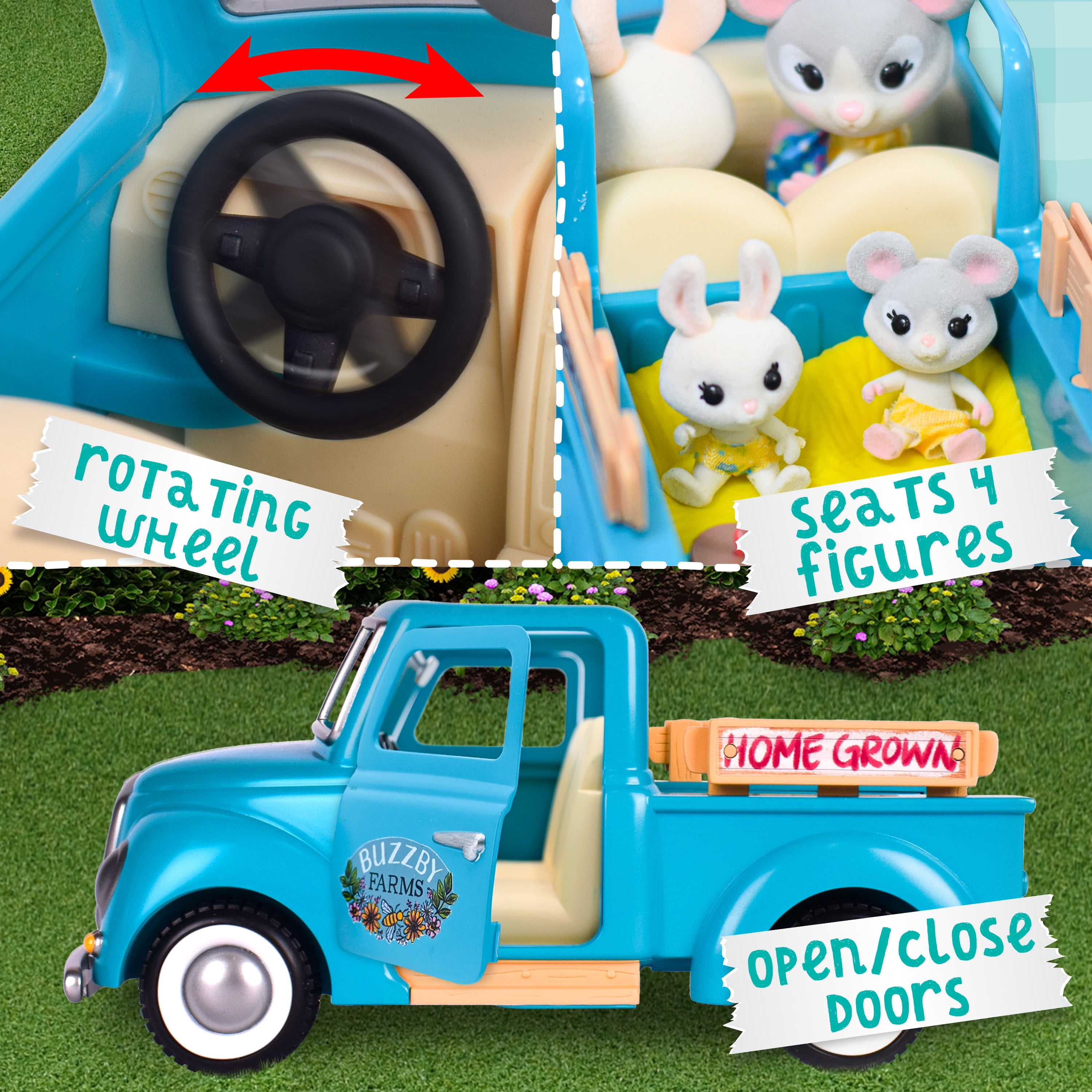 Honey Bee Acres Buzzby Farm Truck – Toy Vehicle with Miniature Food Accessories and Cow Figure – Seats 4 Dolls – Dolls for Kids Ages 3+