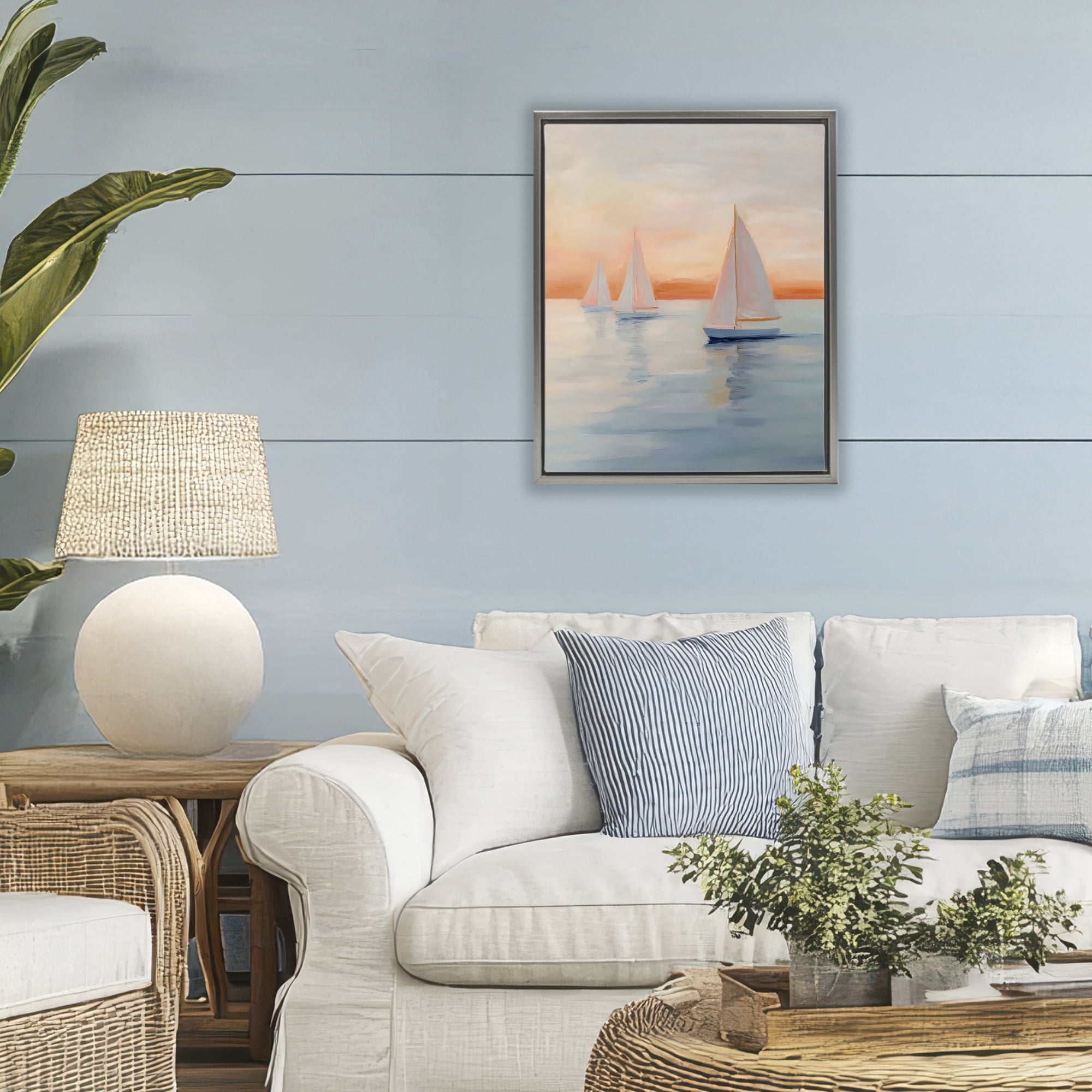 Stupell Industries Sunset Sailboats Over Calm Sea Gray Framed Floater Canvas Wall Art, design by Creative Studio