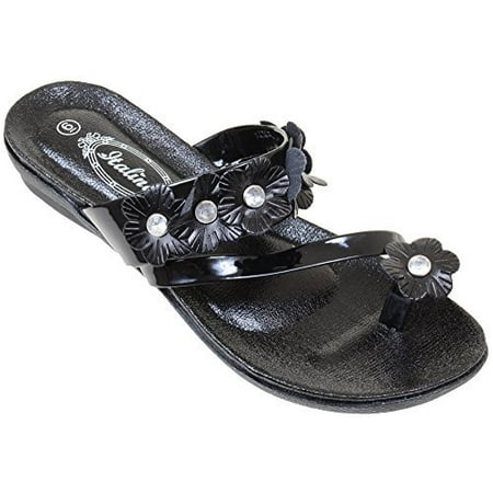 Flowers Toe-ring Wedge Slide Comfort Thick Sole Flat Sandals Women's
