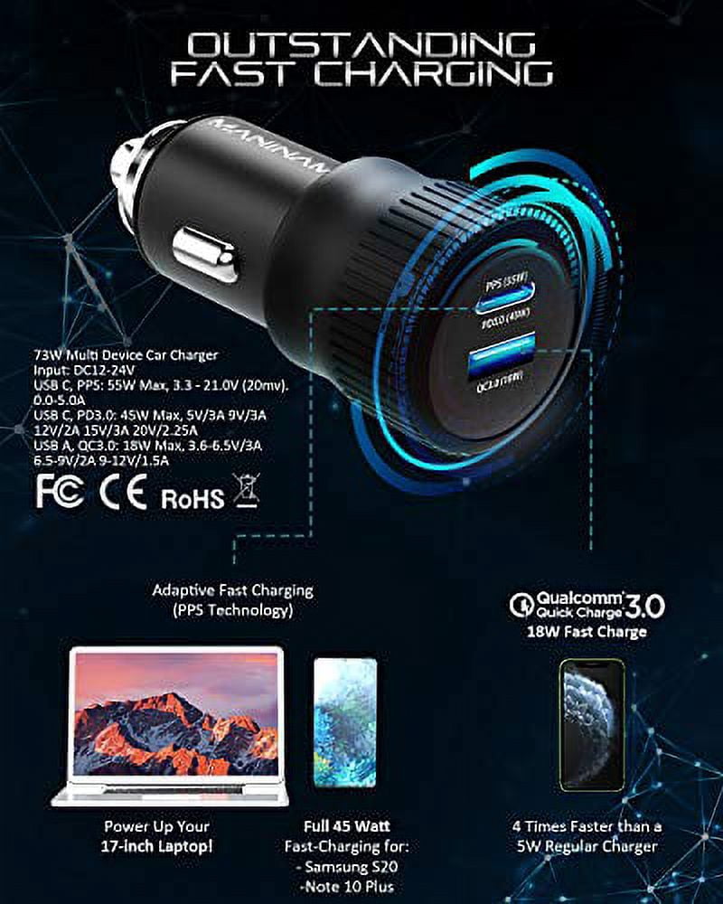 MANINAM Metal Adaptive USB C Car Charger, [73W Turbo] Pro 55W PPS Car Charger Adapter [Super Fast Charging 2.0] for Samsung S20 Ultra Note 20 10 Plus iPhone 12 11 MacBook Pro Laptops Any USB C Devices