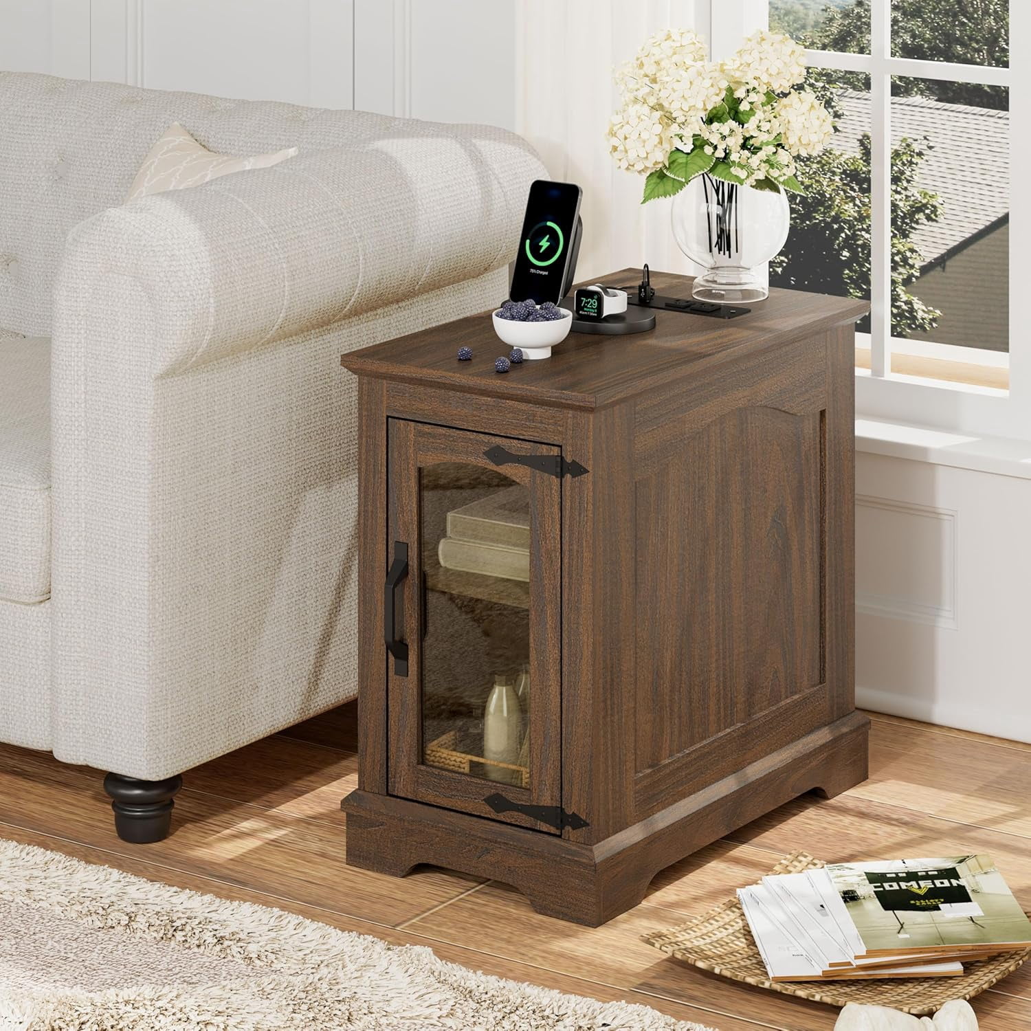 (2 pack) RTC GROUP Narrow Farmhouse End Table with Charging Station, Bedside Table with Storage Cabinet, 2 AC Outlets & 2 USB Ports, Side Table for Bedroom, Living Room, Couch or Sofa, Walnut