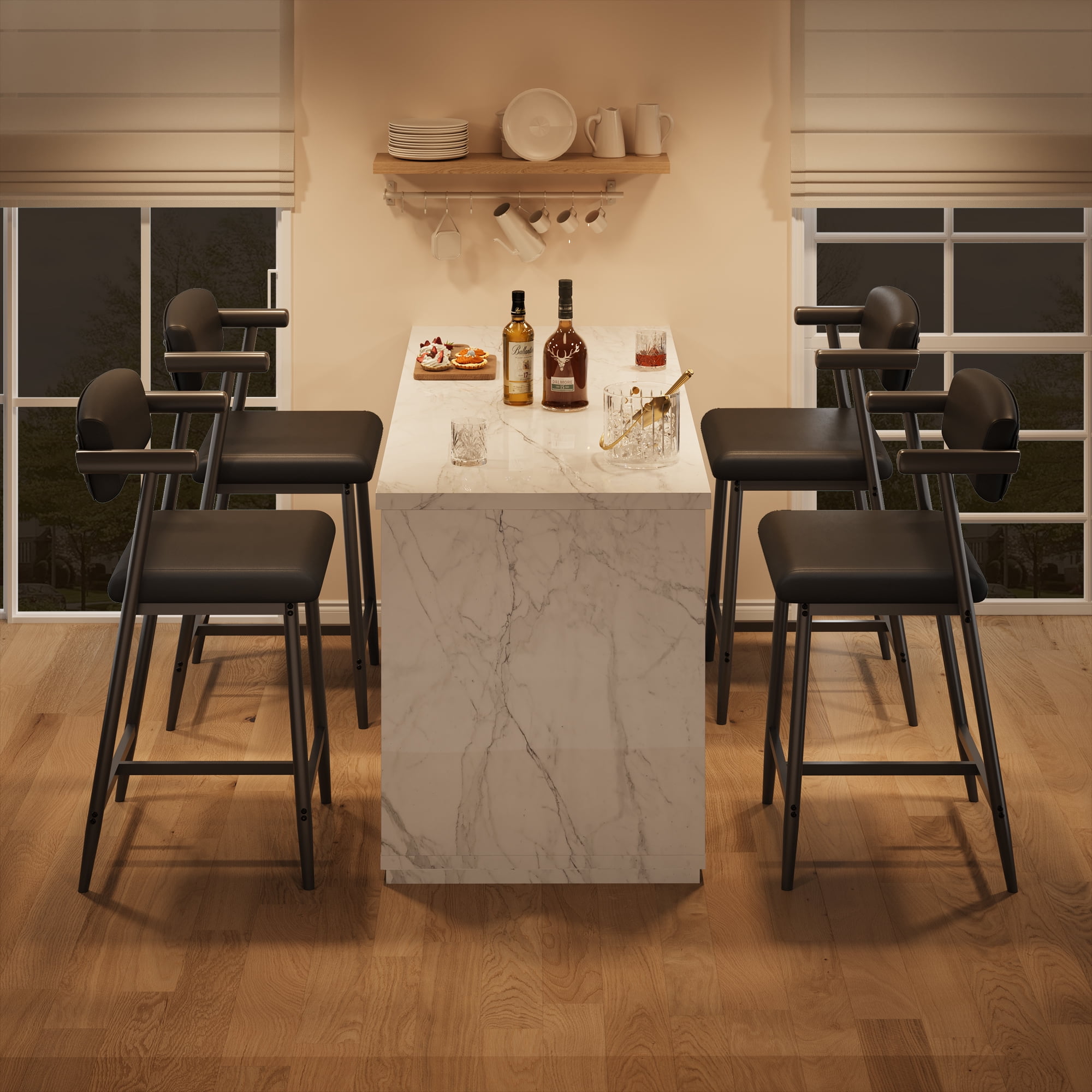 Modern Set of 2 Black Leather Counter Height Bar Stools with Arms & Back, Thickened Upholstered Cushion, Metal Footrest – Easy Assembly, Kitchen Island, Dining Room, 2pcs per Package, Black Leather