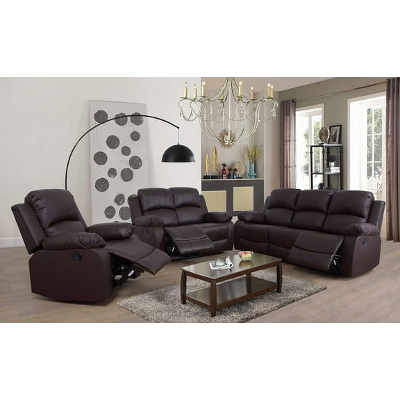 APD Furnishing 3PC Bonded Leather Reclining Couch Set, Living Room Furniture Set, Brown