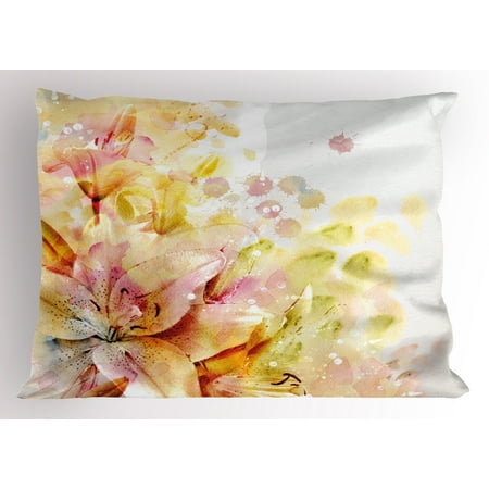 Shabby Chic Pillow Sham Watercolored Lilies Flowers Buds Leaves Colored Marks Artwork, Decorative Standard Size Printed Pillowcase, 26 X 20 Inches, Cream Pale Pink and Peach, by