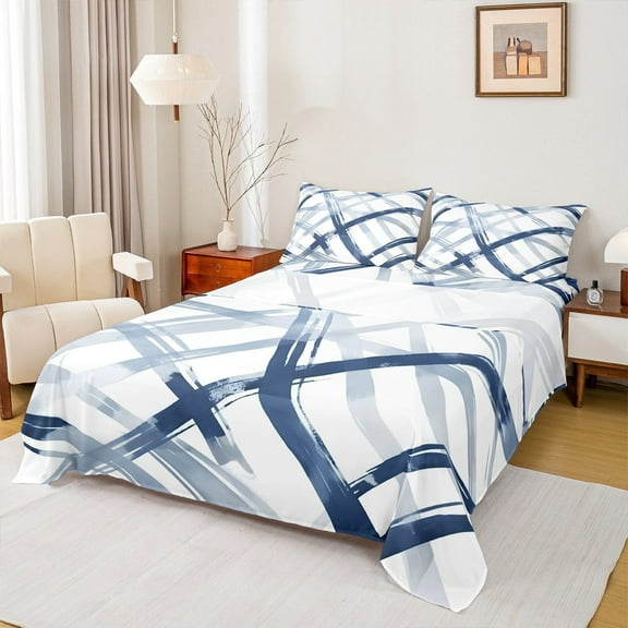 Manfei Navy Gray Stripe Full Size Sheets 4-Piece, Watercolor Geometric Bed Sheets, Abstract Lines Sheet Sets, Microfiber Room Decor