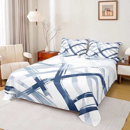 Manfei Navy Gray Stripe Full Size Sheets 4-Piece Watercolor Geometric Bed Sheets Abstract Lines Sheet Sets Microfiber Room Decor