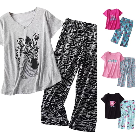 RMGVDSD Pajamas for Women Set Short Sleeve Sleepwear Tops with Capri Pants Casual Cute Print Pajama Sets Soft Comfy Loungewear