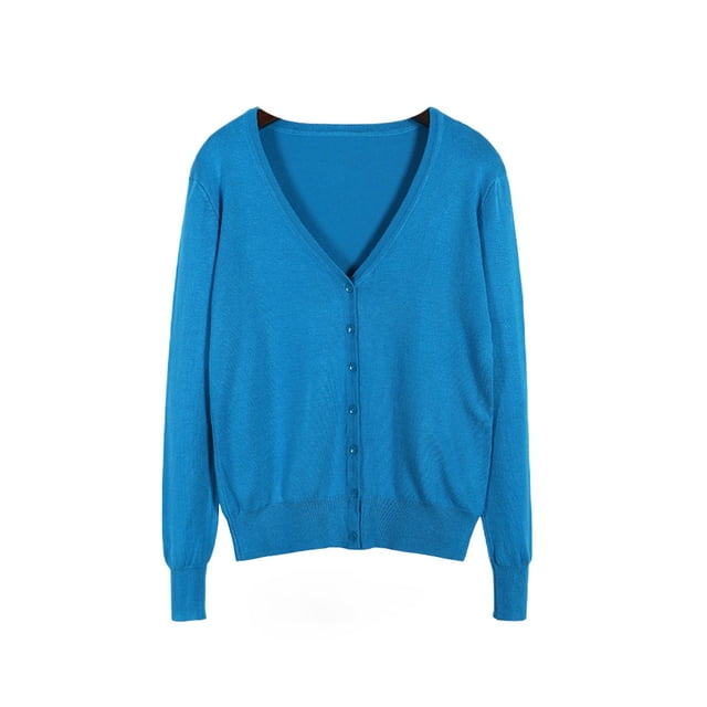 LUXUR Ladies Cardigan Sweater Solid Color Outwear V Neck Coat Single-breasted Jacket Long Sleeve Lake Blue 2XL