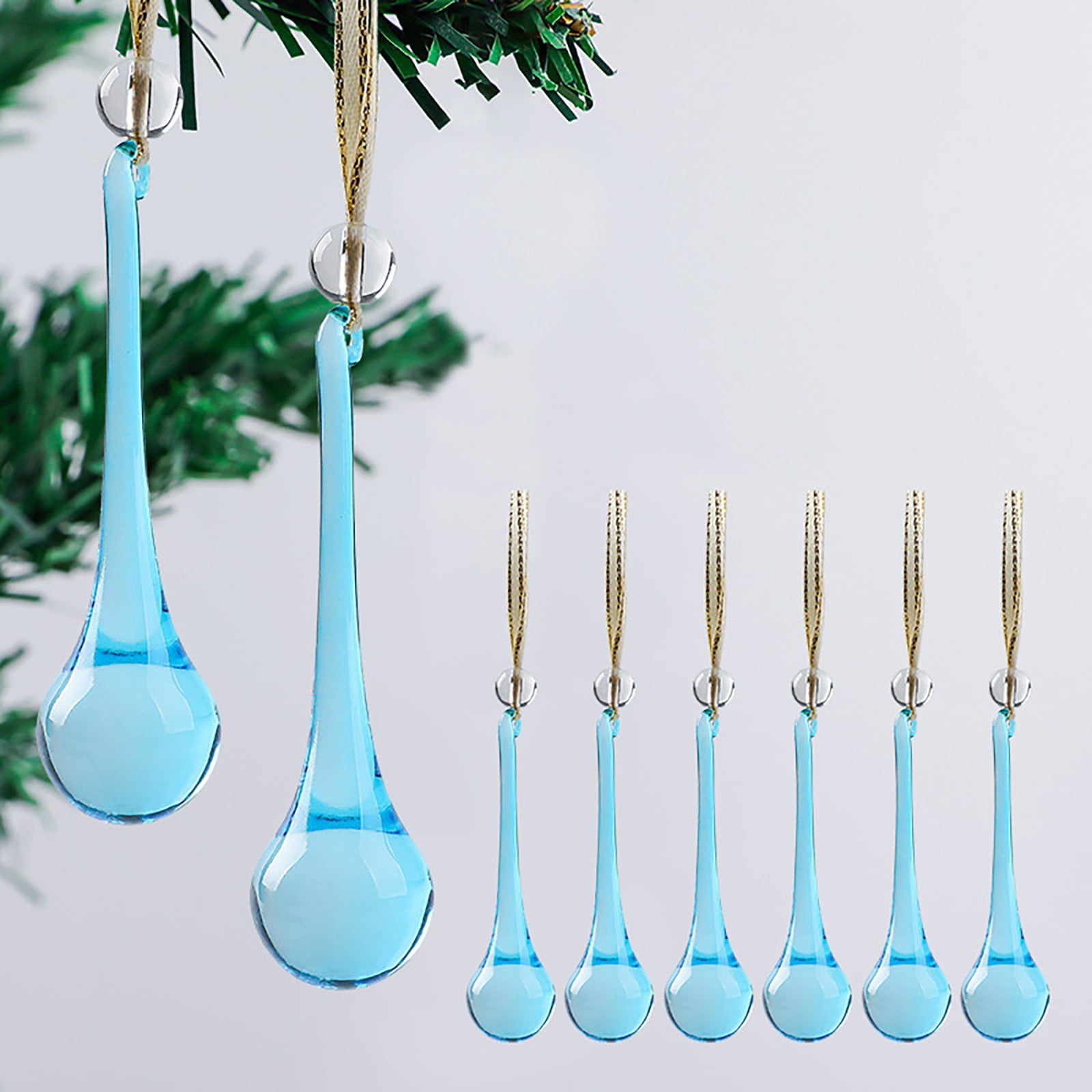 Ljkilskltr 6 Pack Glass Teardrop Ornaments, 5.11 Inch Raindrop Hanging Glass Christmas Ornaments, Sky Blue Vintage Crystal Icicle Pendants for Xmas Tree, Wreath, Chandelier, Holiday Home Decor