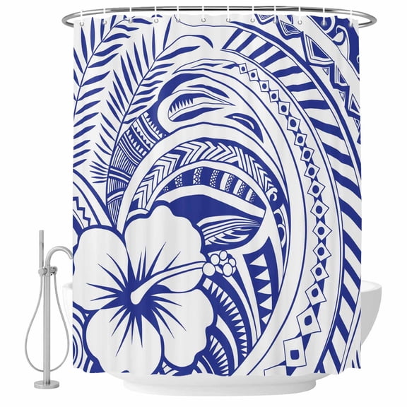 Polynesia Texture Shower Curtain Set - 72" x 78" Washable Bathtub Curtain with 12 Hooks, Vintage Traditional Tribe Floral Abstract Art Blue Waterproof Fabric Stall Shower Curtains for Bathroom Décor