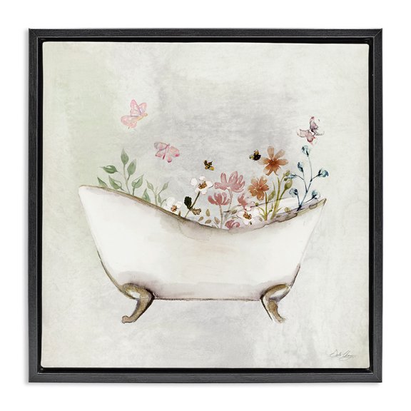 Stupell Industries Farmhouse Butterfly Floral Bath Black Floating Frame Canvas Art, 18 x 18, by Stella Chang