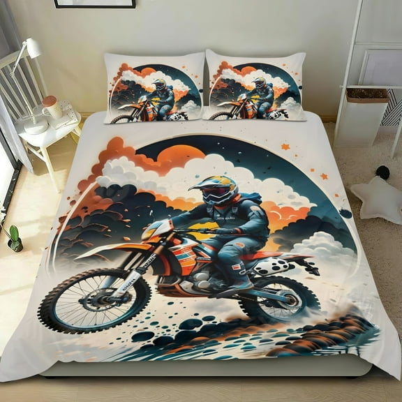 Dirty Motocross Themed Bed Sheet Set Three Piece Set 53x79 Inches Comfortable And Skin Friendly Unique Design Creating A Star Studded Night