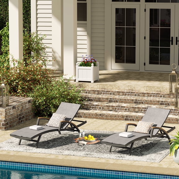 Ulax Furniture Outdoor Adjustable Chaise Lounge Chairs Set of 2 All Weather Aluminum Sling Lounge Chairs(Grey)