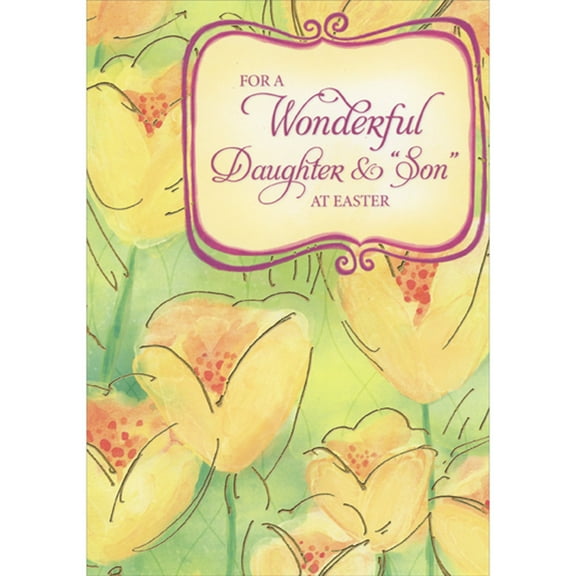 Designer Greetings Large Yellow Watercolor Flowers with Gold Foil Accents on Light Green Easter Card for Daughter and 'Son' (Son-in-Law)