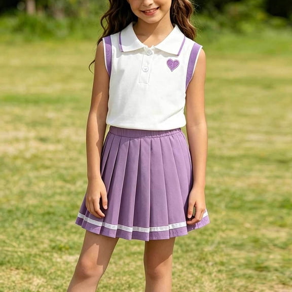 Amidoa Girls Summer Outfits 2 Piece Short Sleeve Cute Top and Pleated Skirt Kids Clothing Sets Purple Size 5-6 Yeas