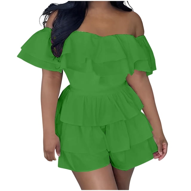 Lenpel Women's off Shoulder Rompers Trendy Cotton Ruffle Short Sleeve Tiered Summer Jumpsuits Casual Overall Shorts