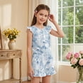 thumbnail image 4 of ZIATUBLE4S Light Blue Watercolor Camo Print Girls Summer Short Jumpsuits Flutter Sleeves One-Piece Romper Soft Comfort Kids Casual Playsuit with Pockets for 11-12 Y, 4 of 6